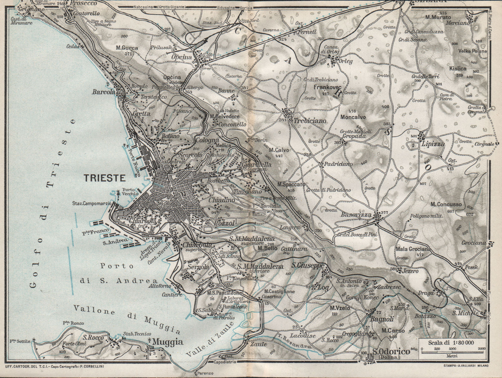 TRIESTE & ENVIRONS. Vintage town city map plan. Italy 1924 old antique